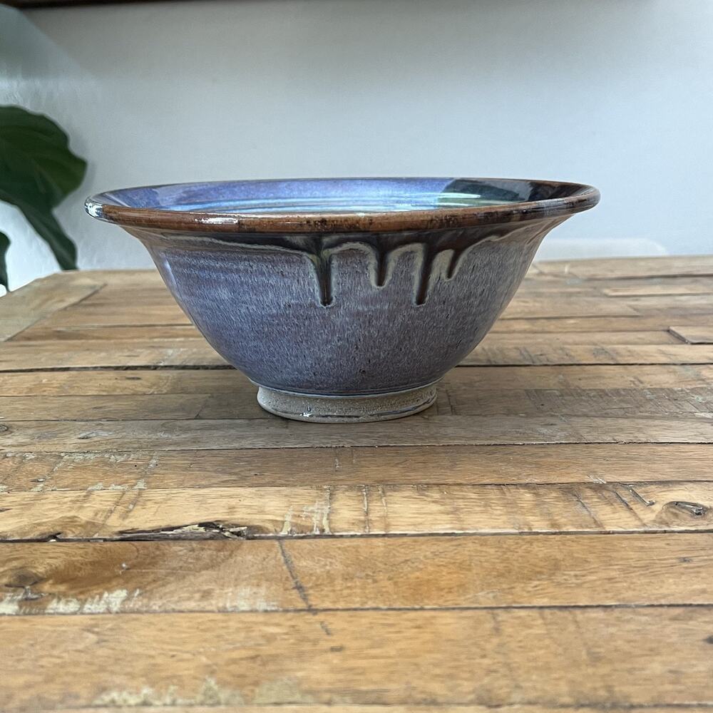 Studio Art Pottery Ceramic Bowl 9.5" Glossy Drip Design Blue Green Two-Toned